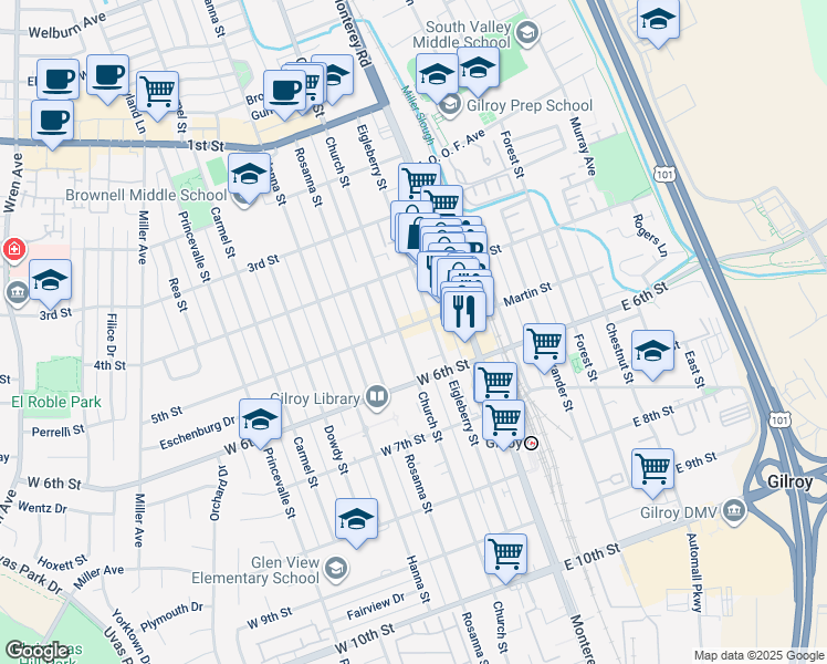 map of restaurants, bars, coffee shops, grocery stores, and more near 160 5th Street in Gilroy