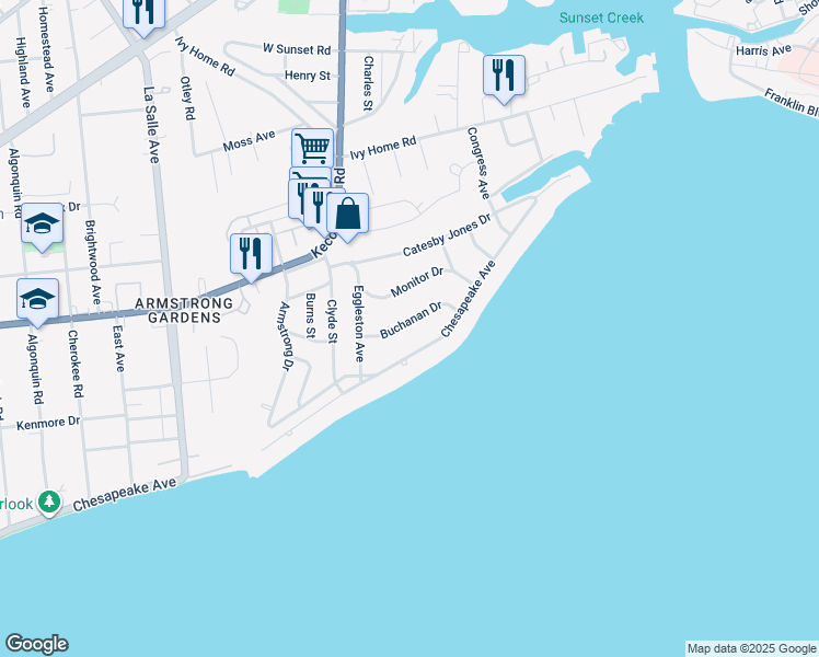 map of restaurants, bars, coffee shops, grocery stores, and more near 4010 Buchanan Drive in Hampton