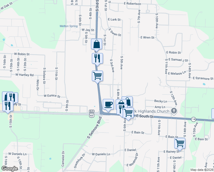 map of restaurants, bars, coffee shops, grocery stores, and more near 101-259 East Hartley Street in Ozark