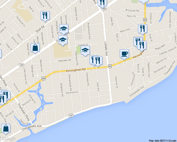 map of restaurants, bars, coffee shops, grocery stores, and more near 3500 Kecoughtan Road in Hampton