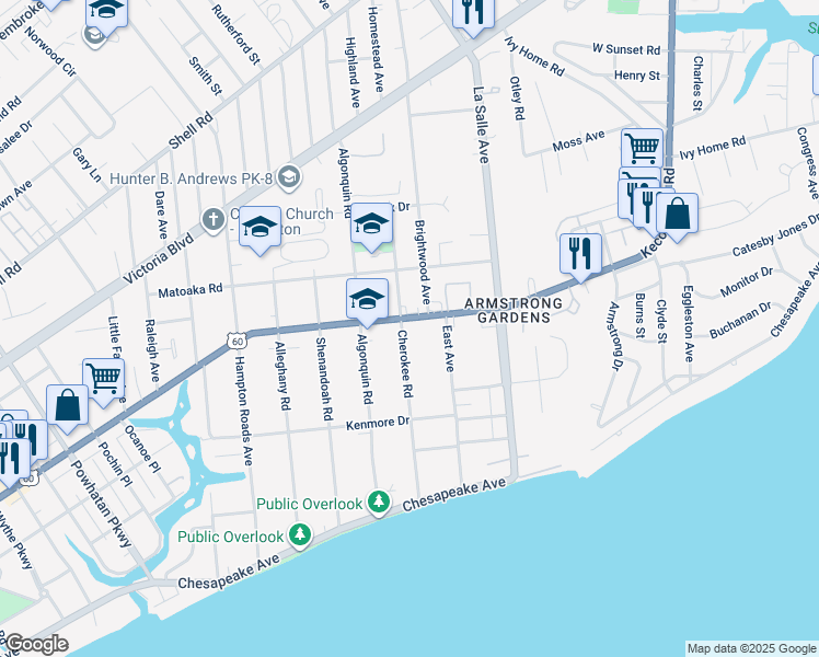 map of restaurants, bars, coffee shops, grocery stores, and more near 3500 Kecoughtan Road in Hampton