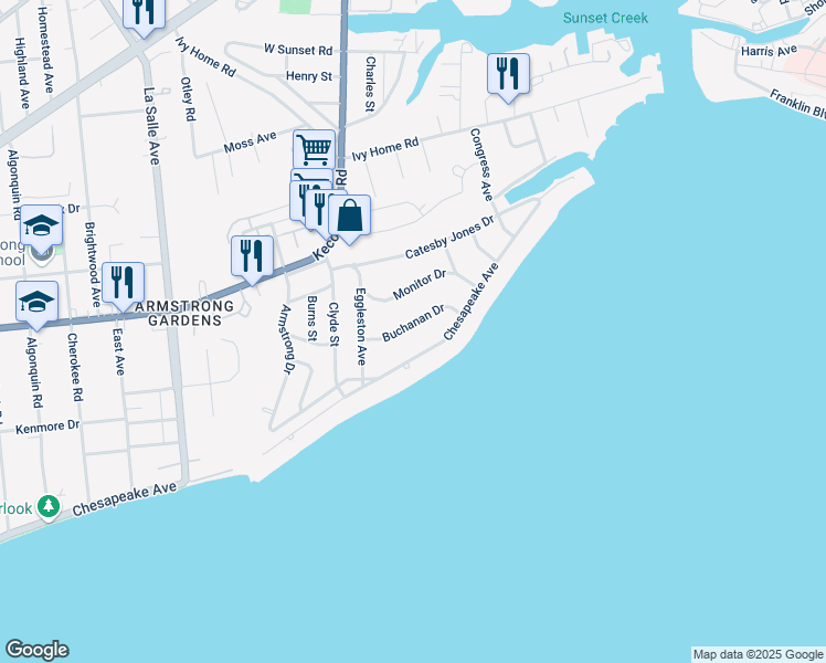 map of restaurants, bars, coffee shops, grocery stores, and more near 4010 Buchanan Drive in Hampton
