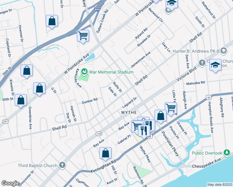 map of restaurants, bars, coffee shops, grocery stores, and more near 600 Dale Street in Hampton