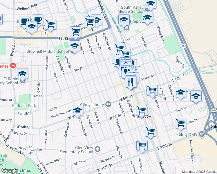 map of restaurants, bars, coffee shops, grocery stores, and more near 263 5th Street in Gilroy