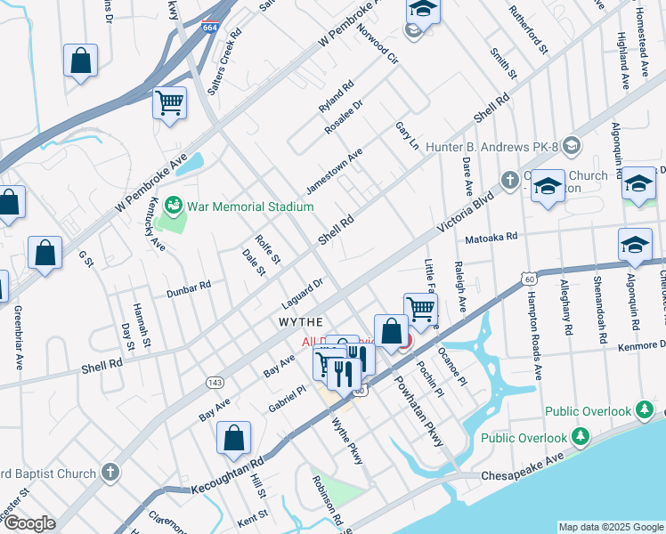 map of restaurants, bars, coffee shops, grocery stores, and more near 500 Powhatan Parkway in Hampton