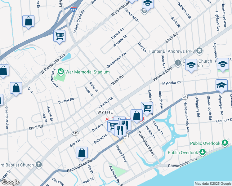 map of restaurants, bars, coffee shops, grocery stores, and more near 500 Powhatan Parkway in Hampton