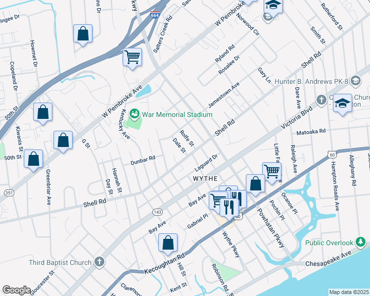 map of restaurants, bars, coffee shops, grocery stores, and more near 608 Dale Street in Hampton