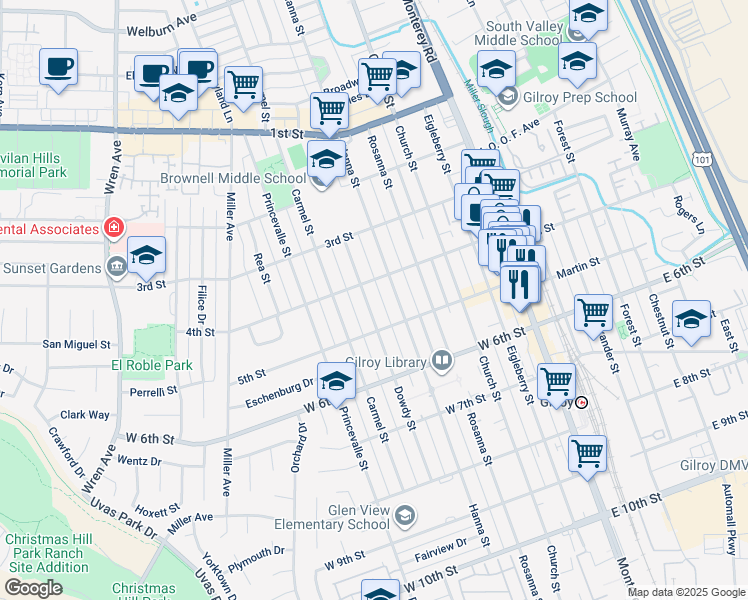 map of restaurants, bars, coffee shops, grocery stores, and more near 7571 Hanna Street in Gilroy