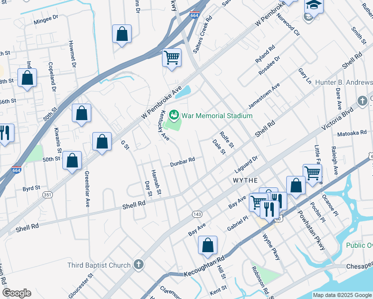 map of restaurants, bars, coffee shops, grocery stores, and more near 713 New York Avenue in Hampton