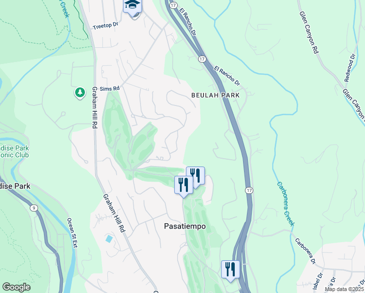 map of restaurants, bars, coffee shops, grocery stores, and more near 20 Moreno Drive in Santa Cruz