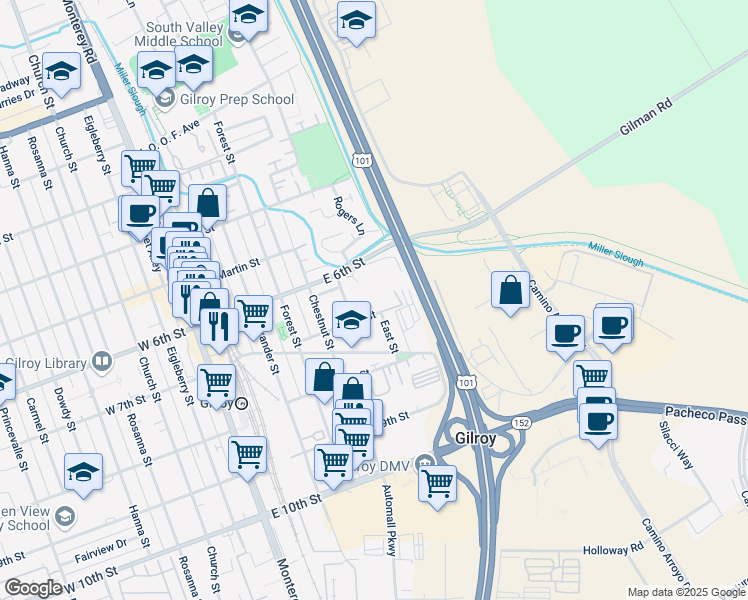 map of restaurants, bars, coffee shops, grocery stores, and more near 595 East 7th Street in Gilroy