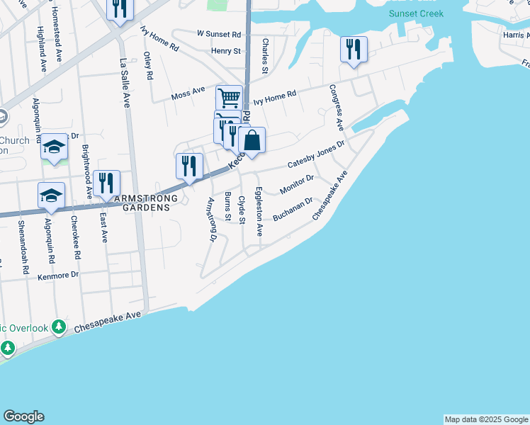 map of restaurants, bars, coffee shops, grocery stores, and more near 112 Eggleston Avenue in Hampton
