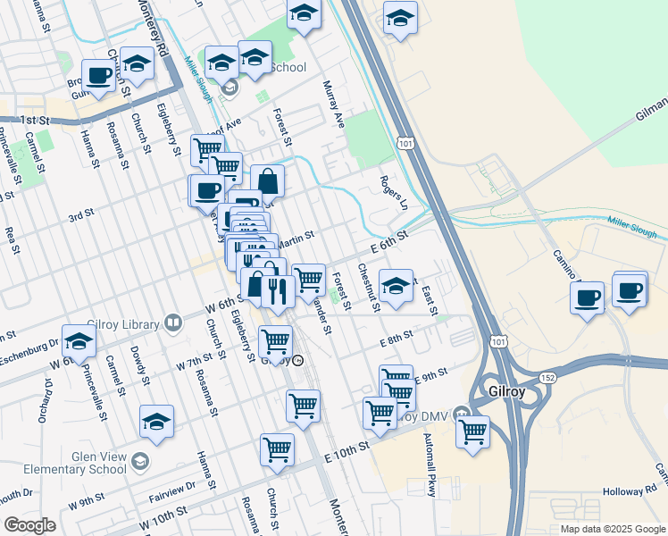 map of restaurants, bars, coffee shops, grocery stores, and more near 7390 Forest St in Gilroy