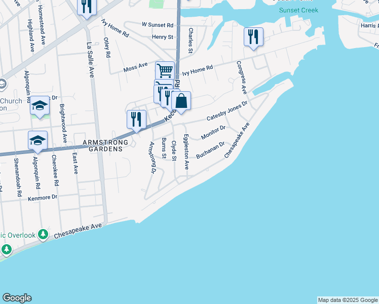 map of restaurants, bars, coffee shops, grocery stores, and more near 112 Eggleston Avenue in Hampton