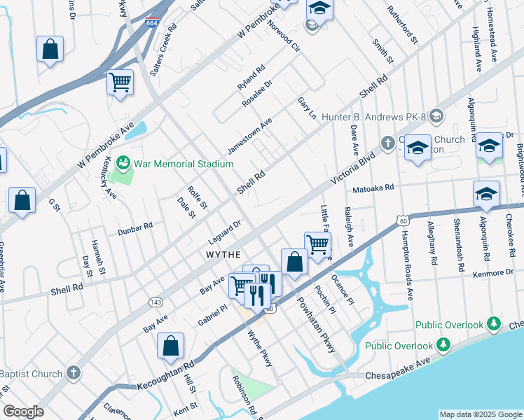 map of restaurants, bars, coffee shops, grocery stores, and more near 2614 Winona Drive North in Hampton