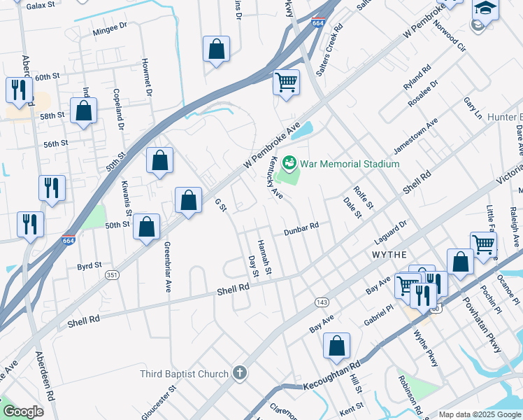 map of restaurants, bars, coffee shops, grocery stores, and more near 729 Pennsylvania Ave in Hampton