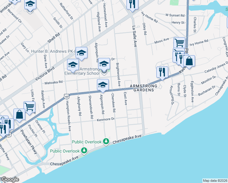 map of restaurants, bars, coffee shops, grocery stores, and more near 3500b U.S. 60 in Hampton