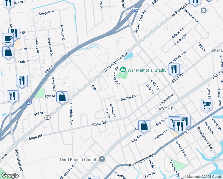 map of restaurants, bars, coffee shops, grocery stores, and more near 729 Pennsylvania Avenue in Hampton