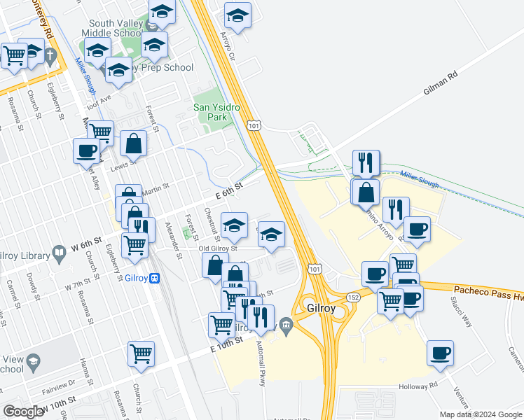 map of restaurants, bars, coffee shops, grocery stores, and more near 613 East 7th Street in Gilroy