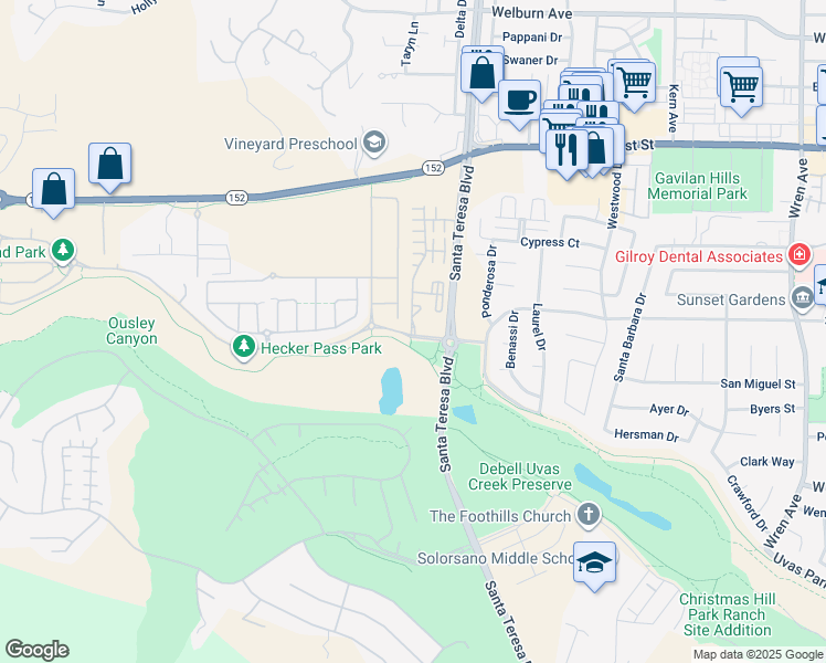 map of restaurants, bars, coffee shops, grocery stores, and more near 7702 Cinnamon Way in Gilroy