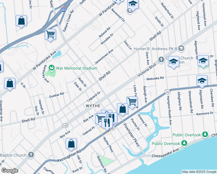 map of restaurants, bars, coffee shops, grocery stores, and more near 2614 Winona Drive East in Hampton