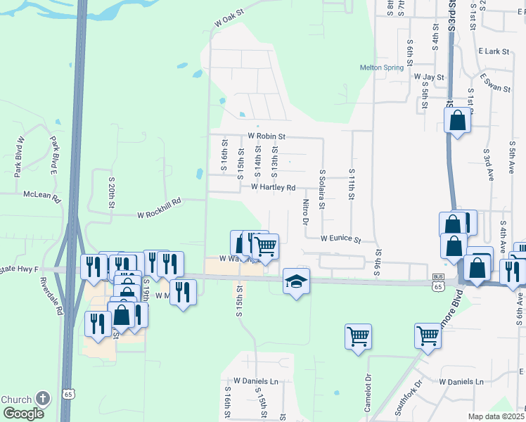 map of restaurants, bars, coffee shops, grocery stores, and more near 1409 South Atlas Court in Ozark