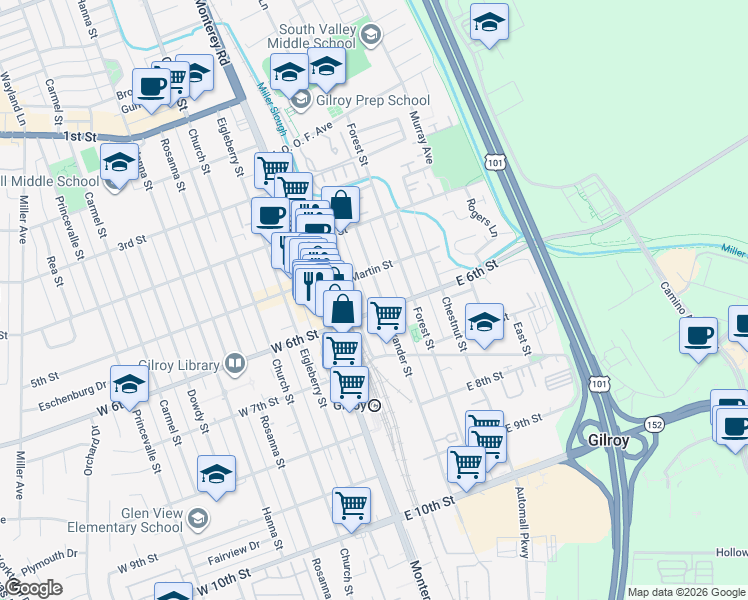 map of restaurants, bars, coffee shops, grocery stores, and more near 7420 Alexander Street in Gilroy
