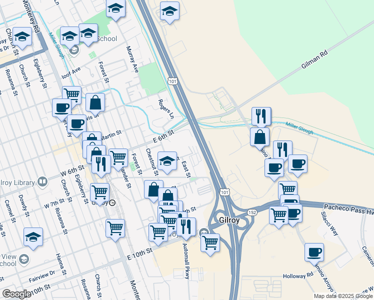 map of restaurants, bars, coffee shops, grocery stores, and more near 613 East 7th Street in Gilroy