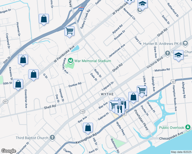 map of restaurants, bars, coffee shops, grocery stores, and more near 608 Dale Street in Hampton