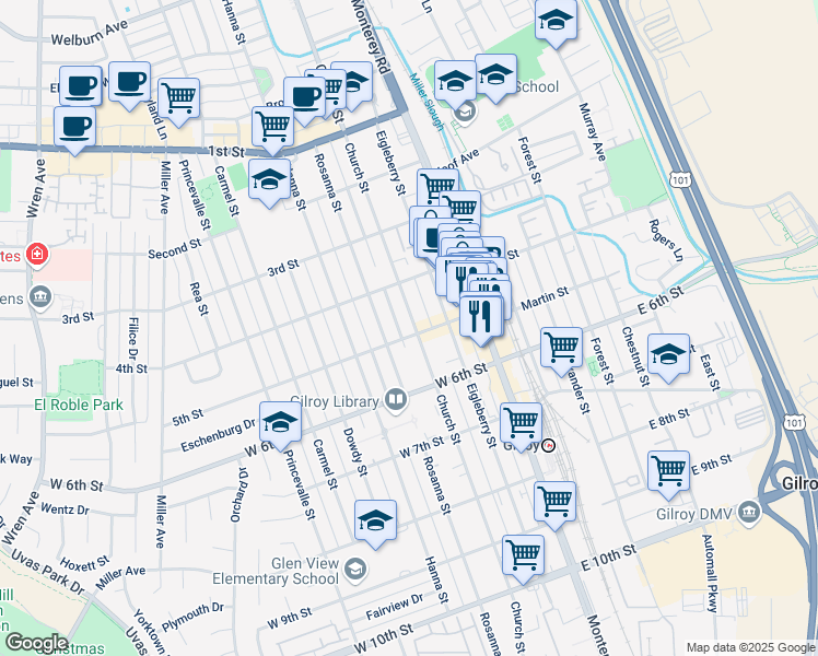 map of restaurants, bars, coffee shops, grocery stores, and more near 7511 Church Street in Gilroy