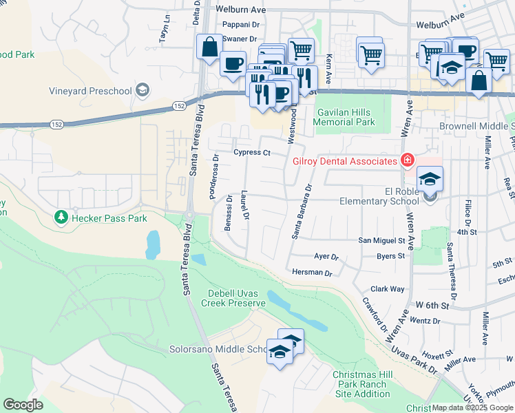 map of restaurants, bars, coffee shops, grocery stores, and more near 1371 Fernwood Lane in Gilroy