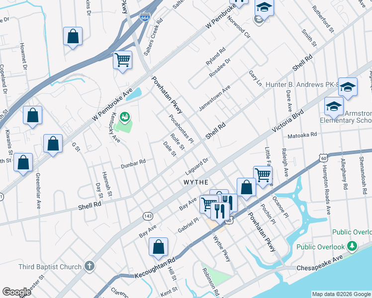 map of restaurants, bars, coffee shops, grocery stores, and more near 1909 Shell Road in Hampton
