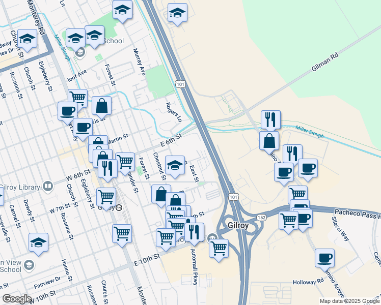 map of restaurants, bars, coffee shops, grocery stores, and more near 613 East 7th Street in Gilroy