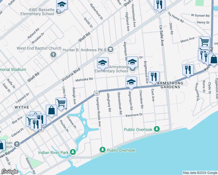 map of restaurants, bars, coffee shops, grocery stores, and more near 3201 Kecoughtan Road in Hampton
