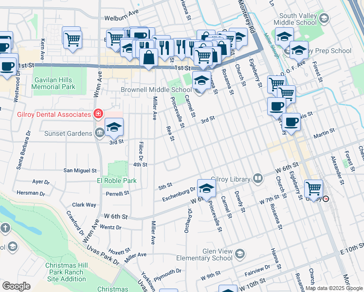 map of restaurants, bars, coffee shops, grocery stores, and more near 7640 Rea Street in Gilroy