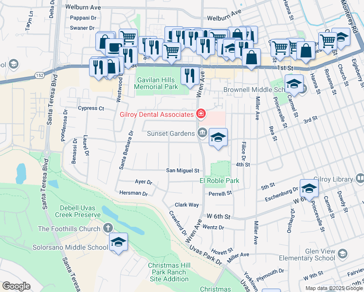 map of restaurants, bars, coffee shops, grocery stores, and more near 1050 3rd Street in Gilroy