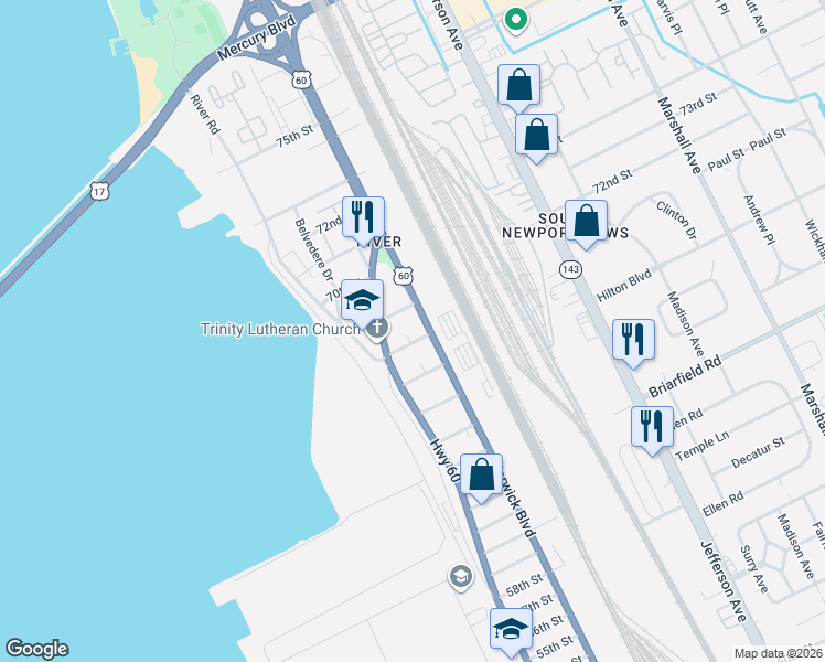 map of restaurants, bars, coffee shops, grocery stores, and more near 323 68th Street in Newport News