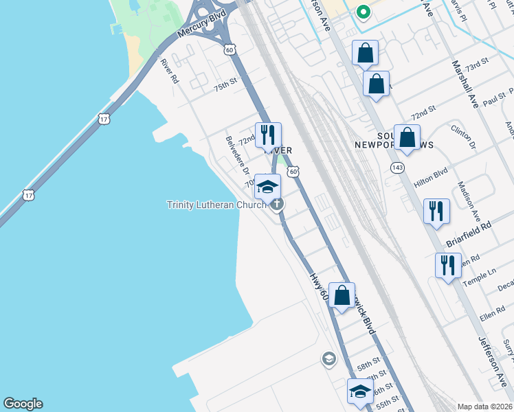 map of restaurants, bars, coffee shops, grocery stores, and more near 6807 Huntington Avenue in Newport News