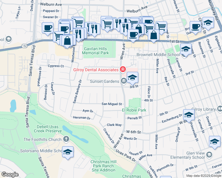 map of restaurants, bars, coffee shops, grocery stores, and more near 1050 3rd Street in Gilroy