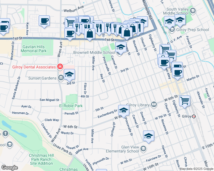 map of restaurants, bars, coffee shops, grocery stores, and more near 7640 Rea Street in Gilroy