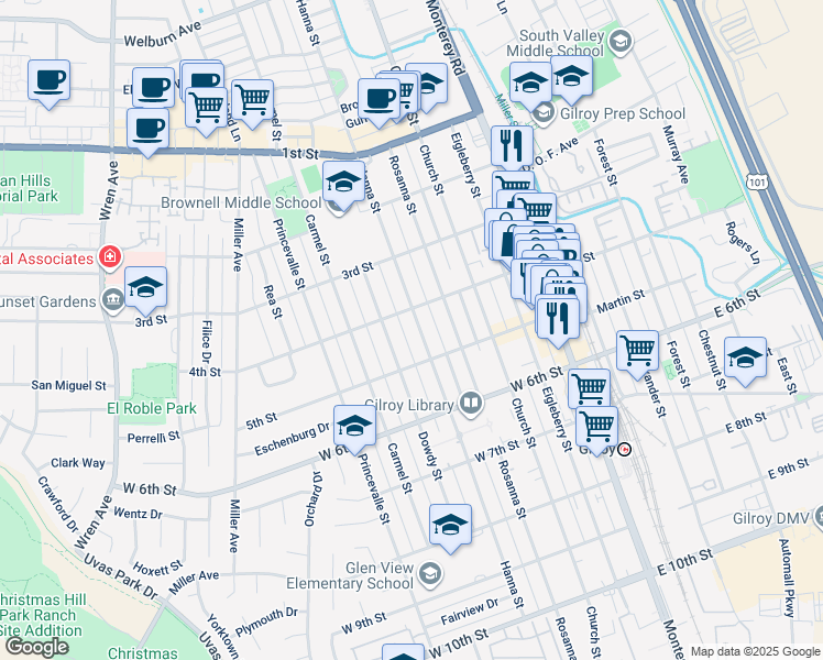 map of restaurants, bars, coffee shops, grocery stores, and more near 7571 Hanna Street in Gilroy