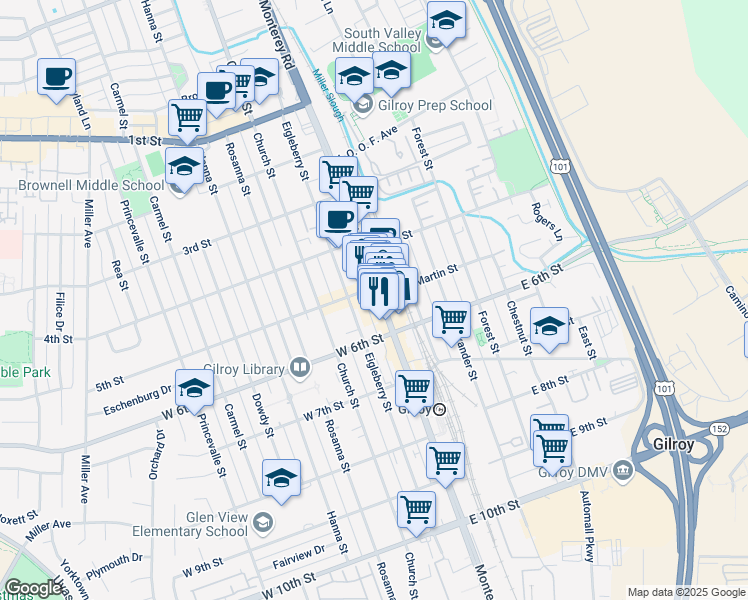 map of restaurants, bars, coffee shops, grocery stores, and more near 7511 Monterey Road in Gilroy