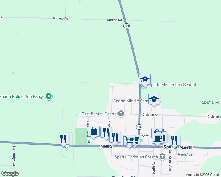 map of restaurants, bars, coffee shops, grocery stores, and more near 579 Waterwheel Avenue in Sparta