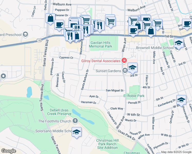 map of restaurants, bars, coffee shops, grocery stores, and more near 1170 3rd Street in Gilroy