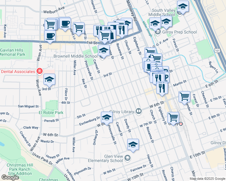 map of restaurants, bars, coffee shops, grocery stores, and more near 7581 Dowdy Street in Gilroy