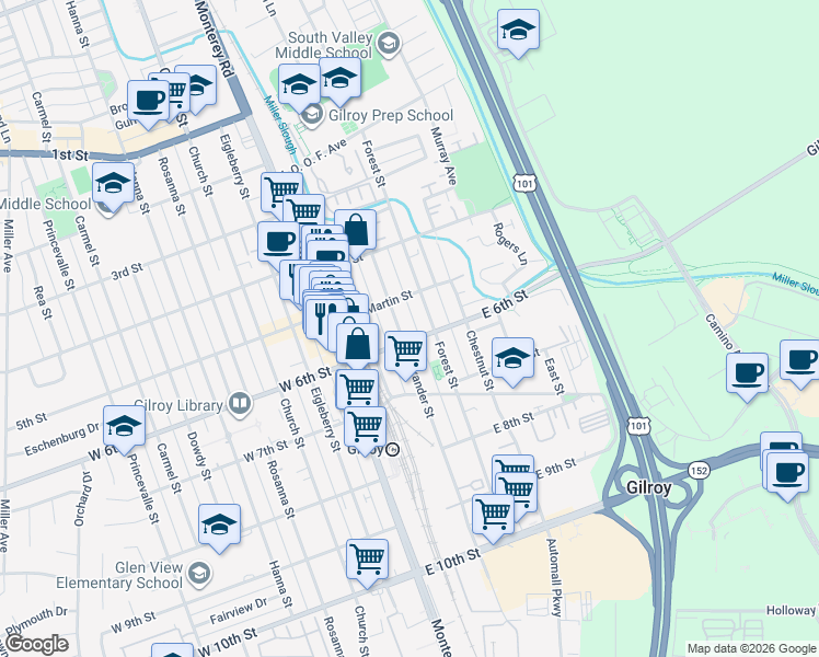 map of restaurants, bars, coffee shops, grocery stores, and more near 7420 Alexander Street in Gilroy
