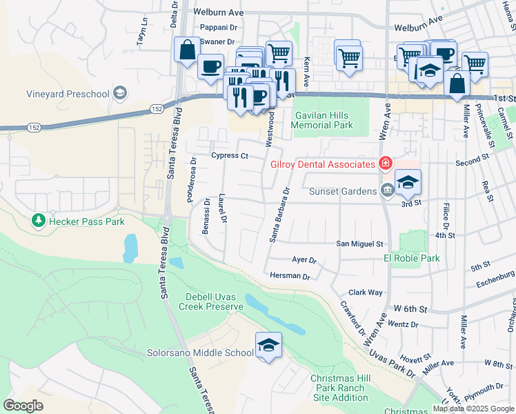 map of restaurants, bars, coffee shops, grocery stores, and more near 1310 3rd Street in Gilroy