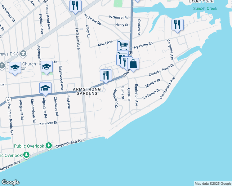 map of restaurants, bars, coffee shops, grocery stores, and more near 154 Armstrong Drive in Hampton