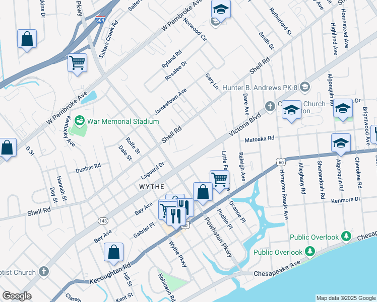 map of restaurants, bars, coffee shops, grocery stores, and more near 2614 Winona Drive North in Hampton
