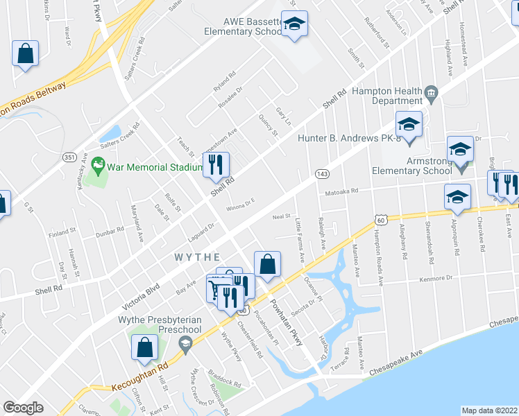 map of restaurants, bars, coffee shops, grocery stores, and more near 2633 Victoria Boulevard in Hampton
